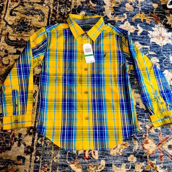 NWT Nautica 749 Citrus Button Down Dress Shirt Long Sleeve Yellow/Blue Boy LG 6 - Picture 1 of 9